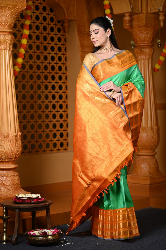 Durva Premium ~ Gadwal Pure Silk Handloom Saree in Leaf Green and Yellow