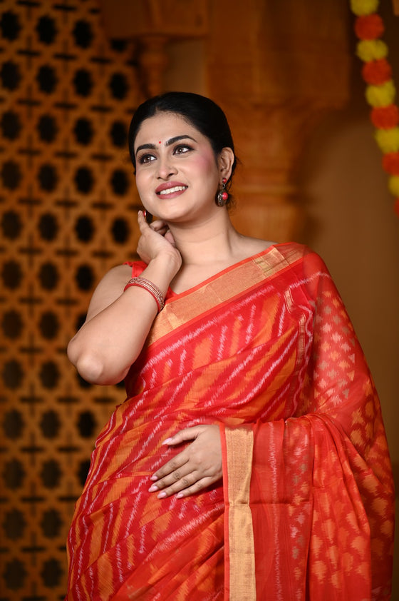 Durva Premium ~ Handloom Cotton Silk Ikkat Saree in Shades of Red