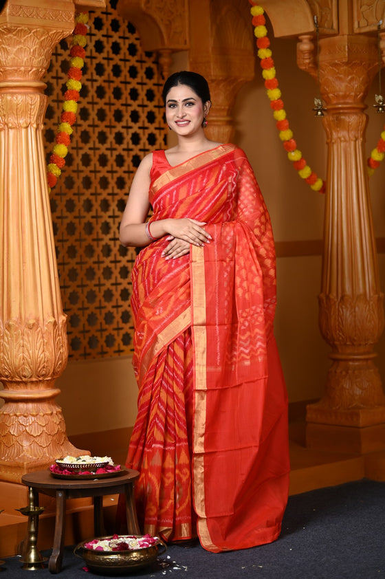 Durva Premium ~ Handloom Cotton Silk Ikkat Saree in Shades of Red