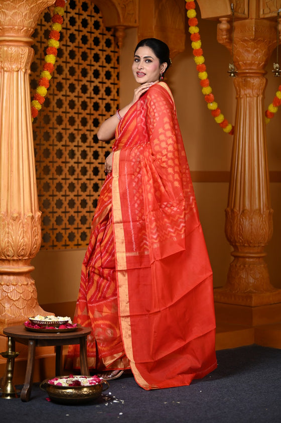 Durva Premium ~ Handloom Cotton Silk Ikkat Saree in Shades of Red