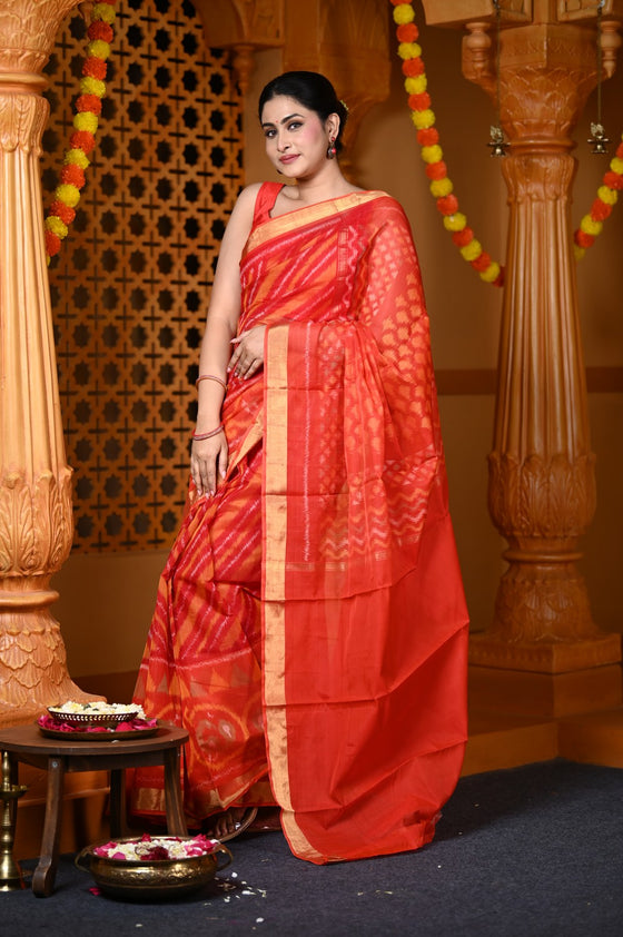 Durva Premium ~ Handloom Cotton Silk Ikkat Saree in Shades of Red