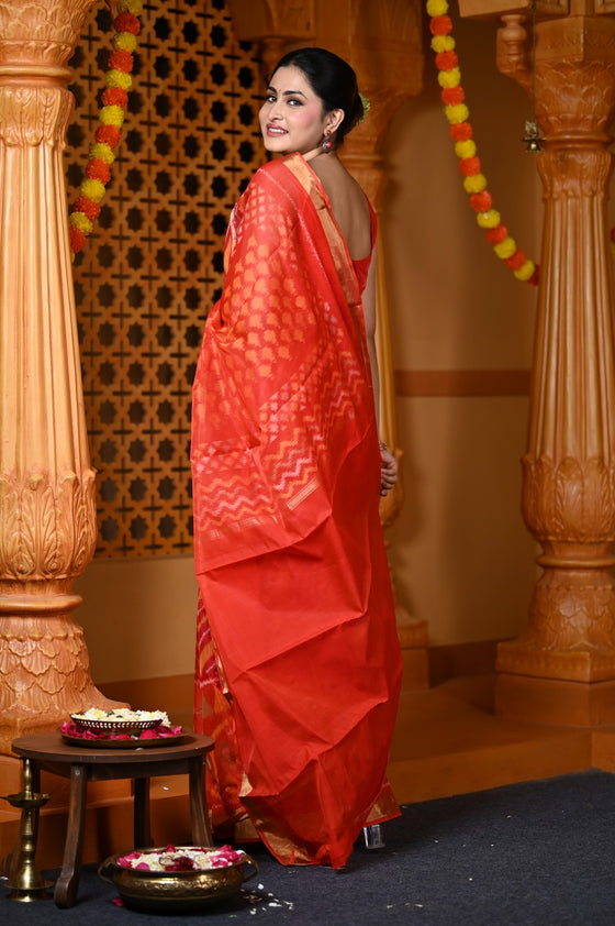 Durva Premium ~ Handloom Cotton Silk Ikkat Saree in Shades of Red