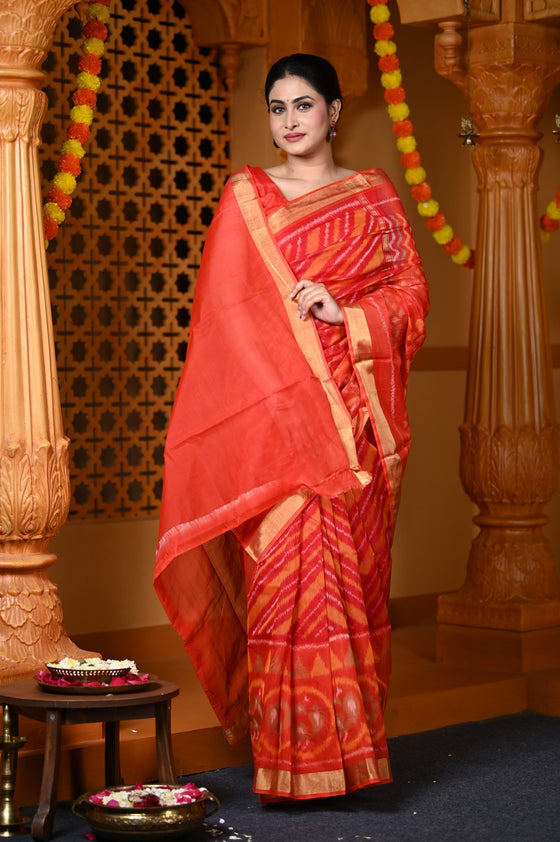 Durva Premium ~ Handloom Cotton Silk Ikkat Saree in Shades of Red