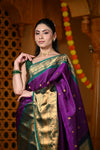 Durva Premium ~ Gadwal Pure Silk Handloom Saree in Violet and Royal Green