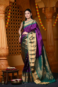  Durva Premium ~ Gadwal Pure Silk Handloom Saree in Violet and Royal Green