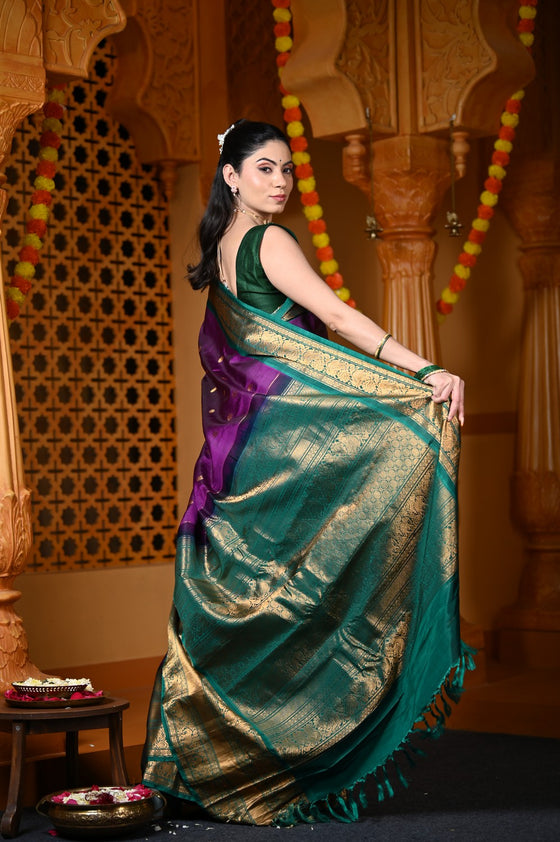 Durva Premium ~ Gadwal Pure Silk Handloom Saree in Violet and Royal Green