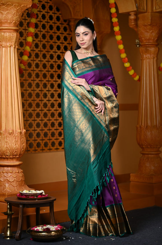 Durva Premium ~ Gadwal Pure Silk Handloom Saree in Violet and Royal Green