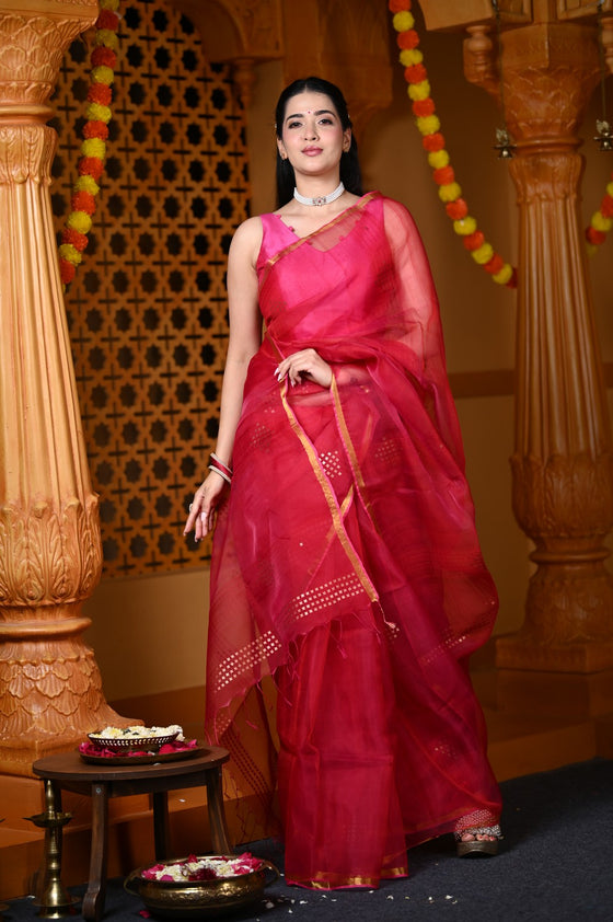 Durva Premium ~ Limited Edition Handloom Muslin Silk Jamdani Saree in Pink
