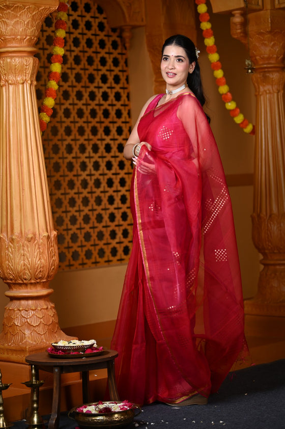 Durva Premium ~ Limited Edition Handloom Muslin Silk Jamdani Saree in Pink