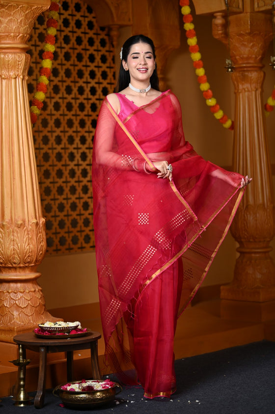 Durva Premium ~ Limited Edition Handloom Muslin Silk Jamdani Saree in Pink