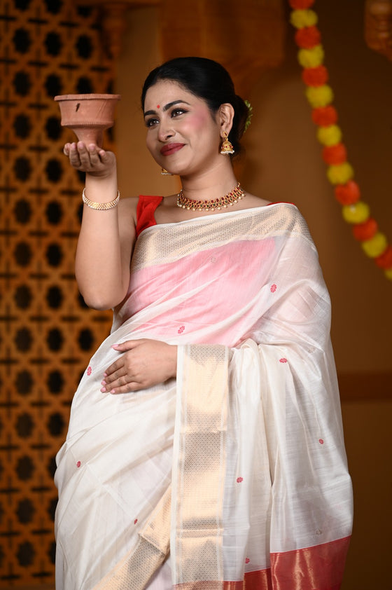 Durva Premium ~ Handloom Cotton Silk with Sleek Designer Border in Red White