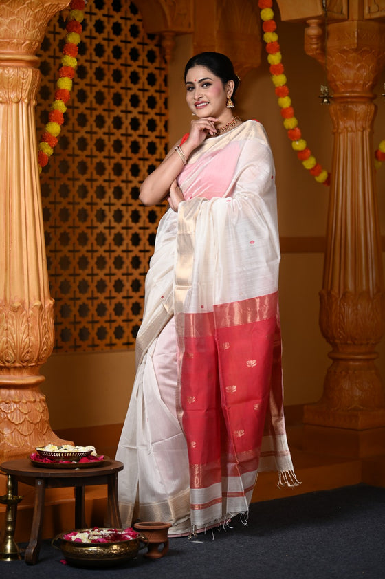 Durva Premium ~ Handloom Cotton Silk with Sleek Designer Border in Red White