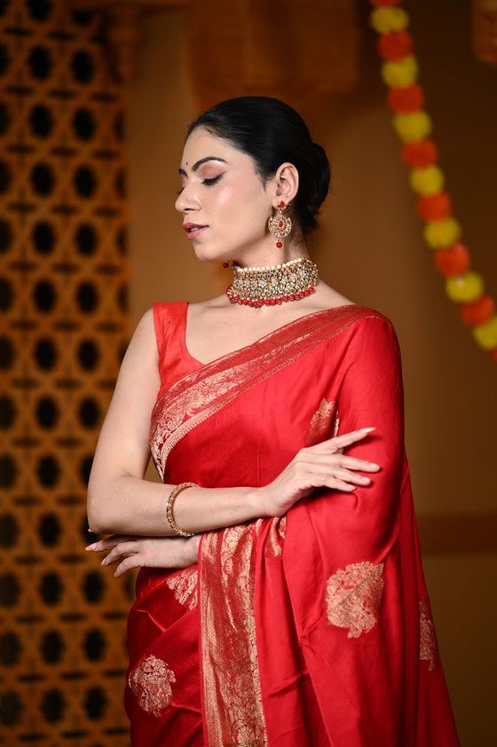 Durva Premium~ Viscose Satin Hand-dyed Rangkaath Saree in Fierce Red