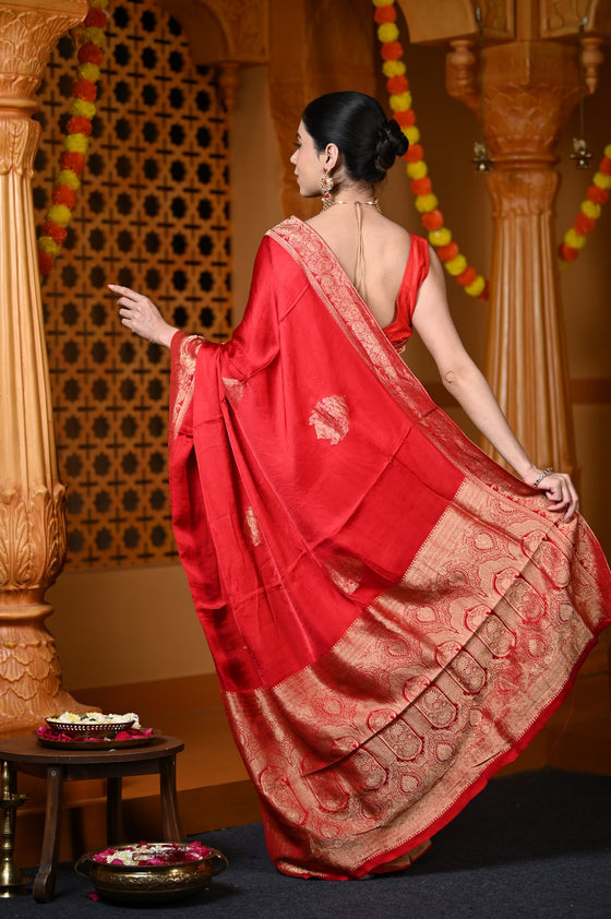 Durva Premium~ Viscose Satin Hand-dyed Rangkaath Saree in Fierce Red