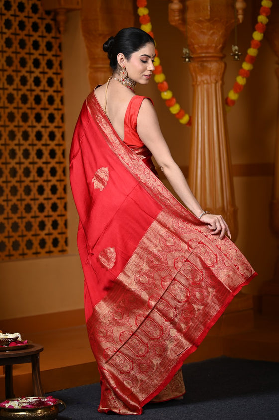 Durva Premium~ Viscose Satin Hand-dyed Rangkaath Saree in Fierce Red
