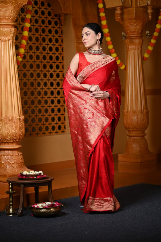 Durva Premium~ Viscose Satin Hand-dyed Rangkaath Saree in Fierce Red