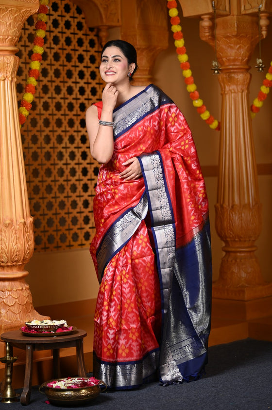 Durva Premium ~ Handloom Brocade Pure Soft Silk Ikkat Saree in Red and Blue (Limited Edition)