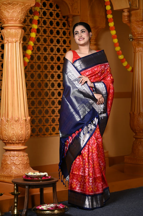 Durva Premium ~ Handloom Brocade Pure Soft Silk Ikkat Saree in Red and Blue (Limited Edition)