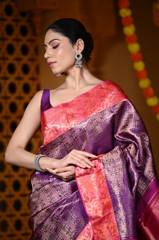Durva Premium ~ Handloom Pure Silk Kanjeevaram Tissue Saree in Purple Pink (Limited Edition)