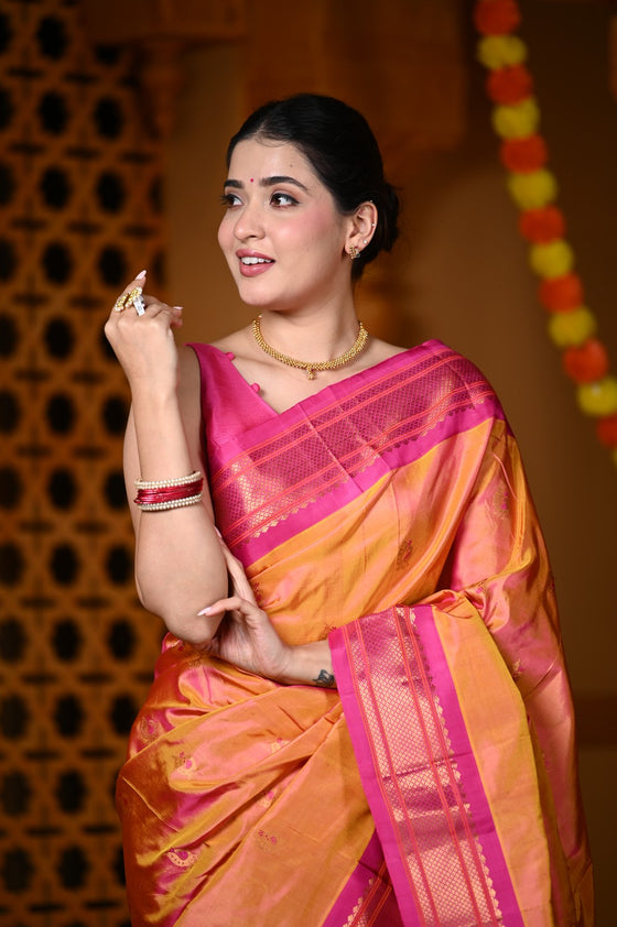 Durva Premium~ Handloom Pure Silk Paithani Maharani Pallu in Orange Pink