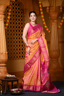  Durva Premium~ Handloom Pure Silk Paithani Maharani Pallu in Orange Pink