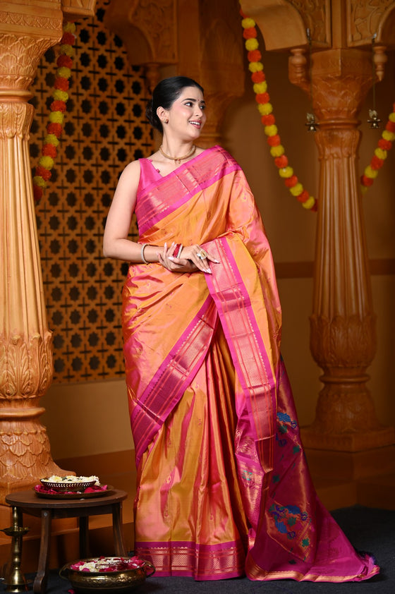Durva Premium~ Handloom Pure Silk Paithani Maharani Pallu in Orange Pink