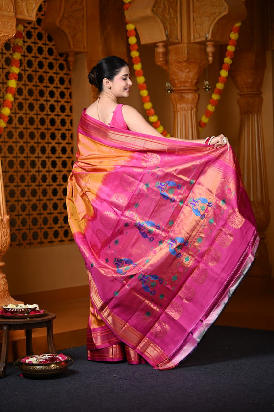 Durva Premium~ Handloom Pure Silk Paithani Maharani Pallu in Orange Pink