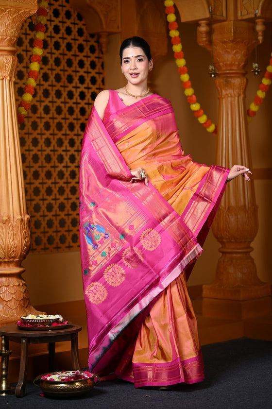 Durva Premium~ Handloom Pure Silk Paithani Maharani Pallu in Orange Pink