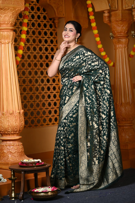 Durva Premium~ Viscose Hand-dyed Rangkaath Saree in Dark Green