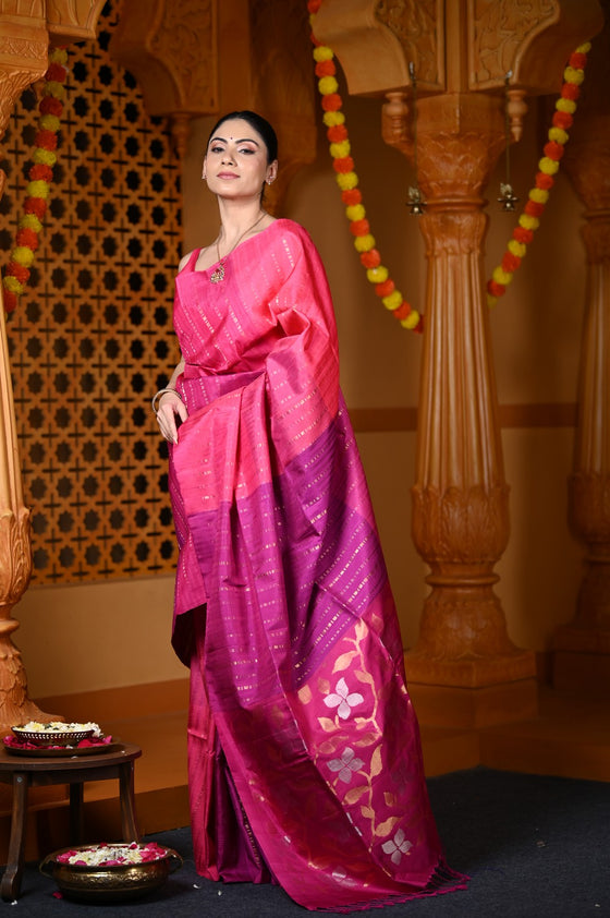 Durva Premium ~ Handloom Pure Soft Silk Saree in Flamingo Pink (Limited Edition)