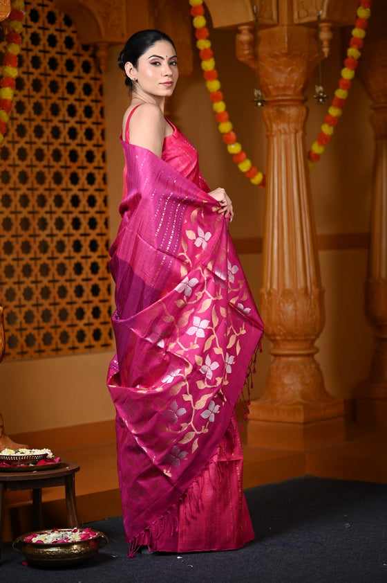 Durva Premium ~ Handloom Pure Soft Silk Saree in Flamingo Pink (Limited Edition)
