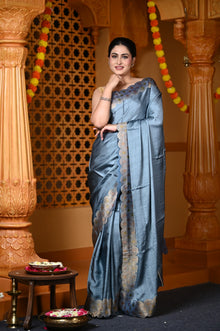  Durva Premium ~ Viscose Hand-dyed Rangkaath Saree with Cut Work Border in Metallic Blue