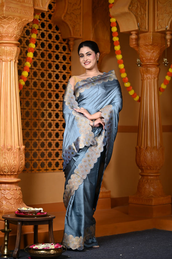 Durva Premium ~ Viscose Hand-dyed Rangkaath Saree with Cut Work Border in Metallic Blue