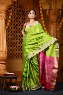  Durva Premium ~ Handloom Pure Soft Silk Saree in Lemon Green Pink (Limited Edition)