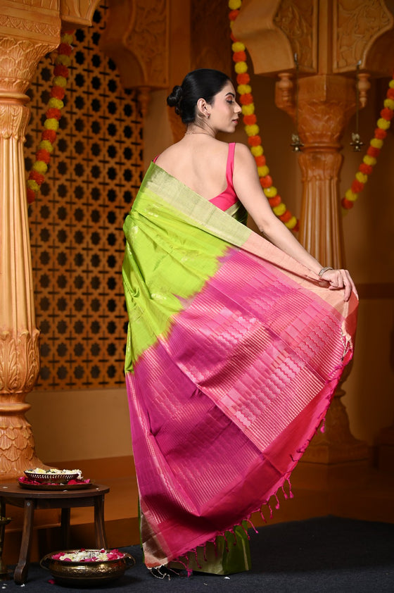 Durva Premium ~ Handloom Pure Soft Silk Saree in Lemon Green Pink (Limited Edition)
