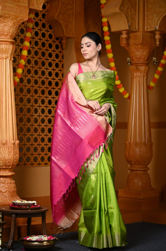 Durva Premium ~ Handloom Pure Soft Silk Saree in Lemon Green Pink (Limited Edition)