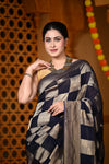 Durva Premium~ Viscose Hand-dyed Rangkaath Saree in Checkerds Black Gold