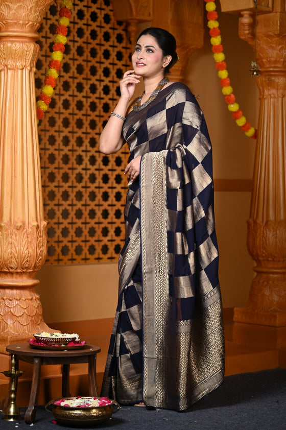 Durva Premium~ Viscose Hand-dyed Rangkaath Saree in Checkerds Black Gold
