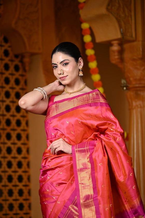 Chandrakor Durva Premium~ Handloom Pure Silk Paithani Maharani Pallu in Dual Tone Orange Pink