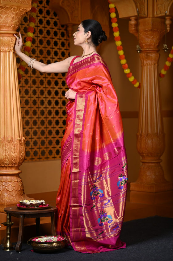 Chandrakor Durva Premium~ Handloom Pure Silk Paithani Maharani Pallu in Dual Tone Orange Pink