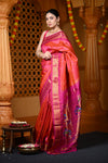 Chandrakor Durva Premium~ Handloom Pure Silk Paithani Maharani Pallu in Dual Tone Orange Pink