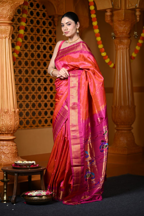 Chandrakor Durva Premium~ Handloom Pure Silk Paithani Maharani Pallu in Dual Tone Orange Pink