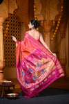 Chandrakor Durva Premium~ Handloom Pure Silk Paithani Maharani Pallu in Dual Tone Orange Pink