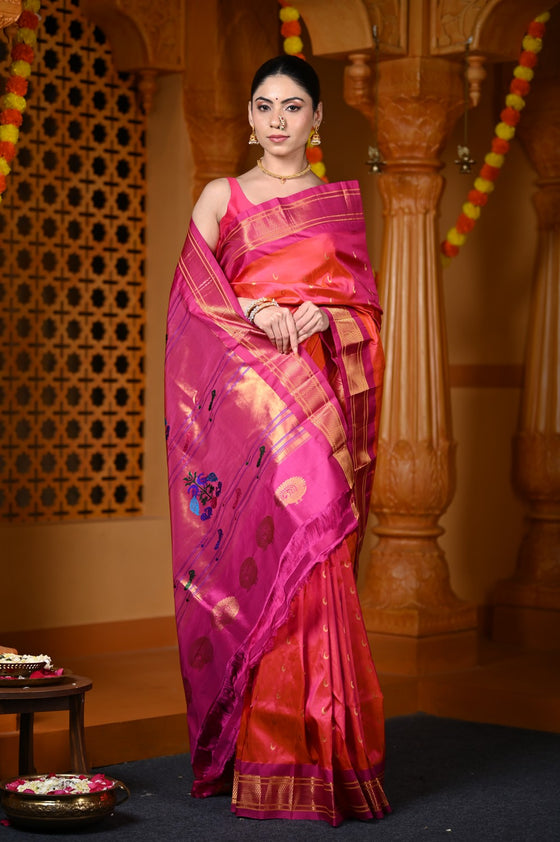 Chandrakor Durva Premium~ Handloom Pure Silk Paithani Maharani Pallu in Dual Tone Orange Pink