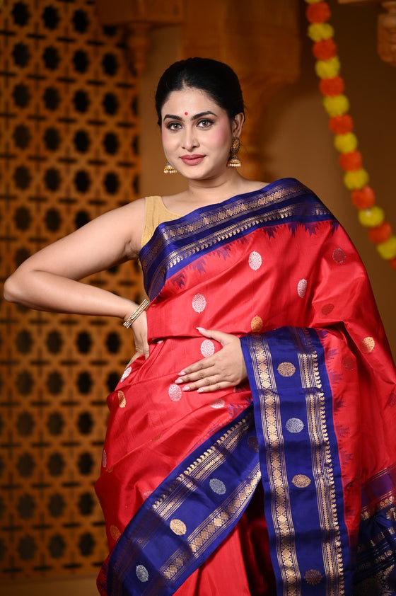 Durva Premium ~ Gadwal Pure Silk Handloom Saree in Red and Marine Blue