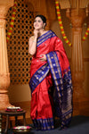 Durva Premium ~ Gadwal Pure Silk Handloom Saree in Red and Marine Blue