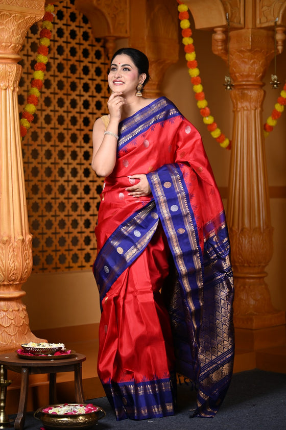 Durva Premium ~ Gadwal Pure Silk Handloom Saree in Red and Marine Blue