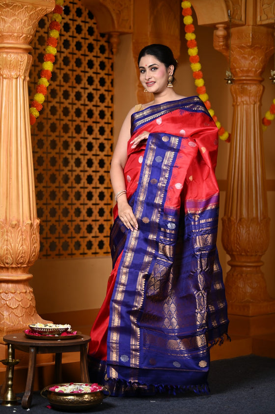 Durva Premium ~ Gadwal Pure Silk Handloom Saree in Red and Marine Blue