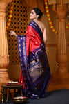 Durva Premium ~ Gadwal Pure Silk Handloom Saree in Red and Marine Blue