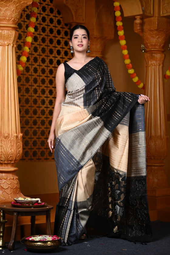 Durva Premium ~ Handloom Pure Soft Silk Saree in Black Grey (Limited Edition)